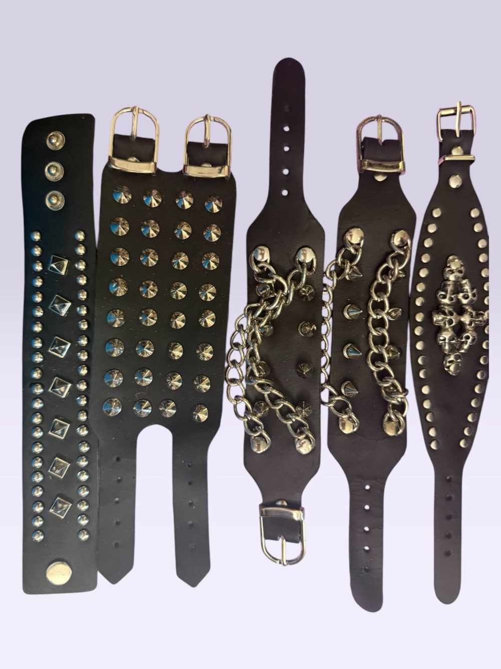 Black Leather Stud & Chain Bracelet Set - Women's Fashion Wrist Cuffs. NWOT